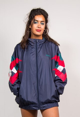 VTG 90'S NAVY BLUE PATTERNED SLEEVE SHELL TRACKSUIT JACKET