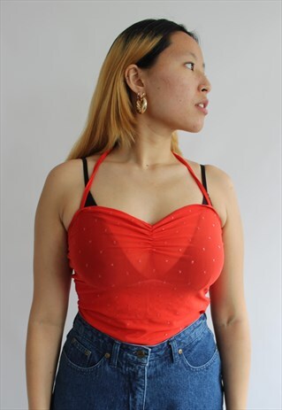 RED LEVIS MESH SPARKLE HALTER TOP
