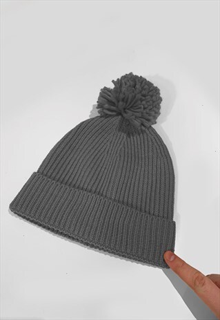 SKI BOBBLE KNITTED RIBBED BEANIE HAT - DARK GREY