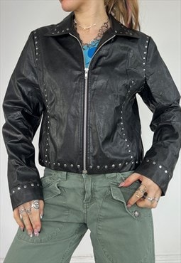 Vintage 90s Faux Leather Jacket Studded Zip Up Biker Moto