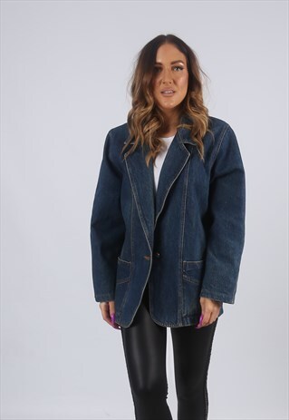 VINTAGE DENIM BLAZER JACKET OVERSIZED LONGLINE UK 14 (W2E)