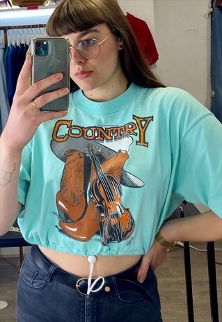 REWORKED 90S VINTAGE CROP TOP TURQUOISE WITH COUNTRY PRINT