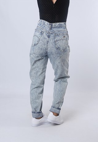 HIGH WAISTED DENIM JEANS TAPERED LEG ACID WASH UK 10 (BJAC)