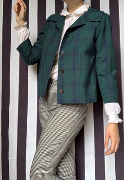 Vintage 60s green cropped tartan blazer, UK12/14 Large