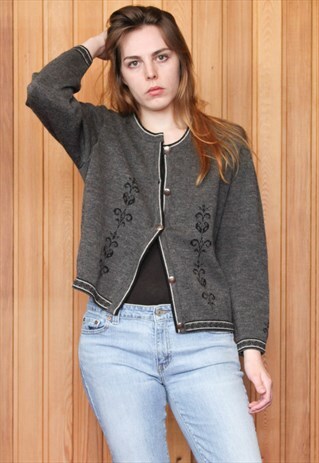 VINTAGE 1980S GREY PATTERNED CARDIGAN