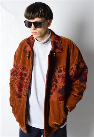 VINTAGE 90S MUSTARD BROWN AZTEC KNIT VELVETY BOMBER JACKET