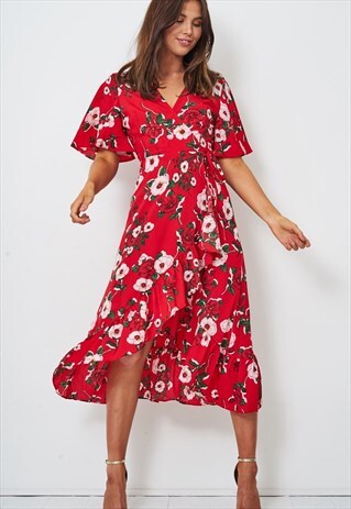 NAIMA RED FLORAL BATWING WRAP DRESS