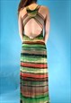 VINTAGE 1990S GREEN AND RED STRIPED BACKLESS MAXI DRESS
