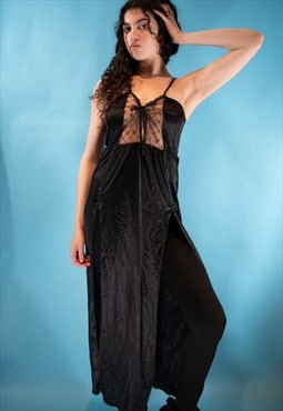 Vintage Y2K Size S/M Gothic Plunge Maxi Dress in Black Satin