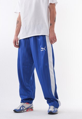 VINTAGE PUMA TRACKSUIT POPPER PANTS 90S BLUE STRIPED