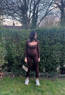 Got You Meshed Up Brown Long Sleeve Mesh Panel Jumpsuit