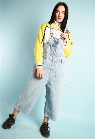 VINTAGE 90S RETRO SHORT CUT OVERALLS DUNGAREES IN BLUE DENIM