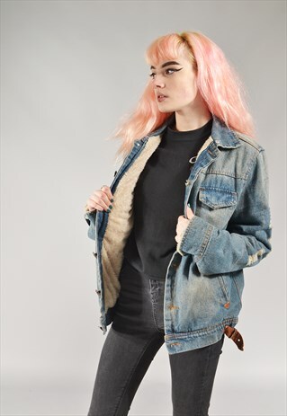 VINTAGE MID BLUE DISTRESSED SHERPA LINED DENIM JACKET