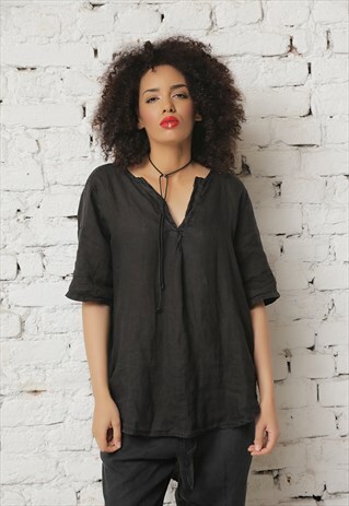 BLACK SHIRT, WOMEN LINEN TOP, OFF SHOULDER SHIRT