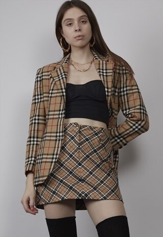 VINTAGE 80'S BEIGE WOOL TARTAN BLAZER