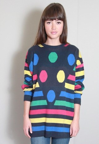VINTAGE 1990'S BRIGHT MIXED SPOT AND STRIPE PATTERN JUMPER