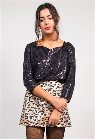 VINTAGE 90'S BLACK SEQUIN LONG SLEEVE TOP