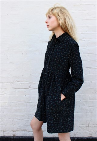 VINTAGE 90S BLACK FLORAL CORDUROY MINI DRESS