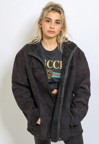 VINTAGE SHEARLING COAT FAUX FUR LINED JACKET IN BLACK M/L