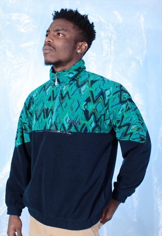 VINTAGE FILA NAVY AND GREEN 1/4 ZIPPED RETRO FLEECE JUMPER