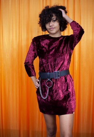 VINTAGE 90S MINI DRESS BURGUNDY RED VELVET LONG SLEEVED