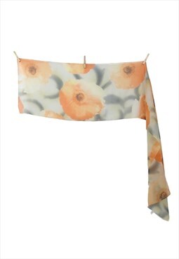 Vintage 80s Scarf Poppy Floral Abstract Orange & Grey Sheer 
