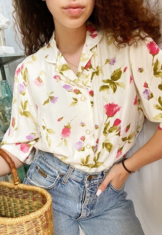 VINTAGE 80S BOTANICA WILD ROSE PRINT BOHEME BLOUSE TOP