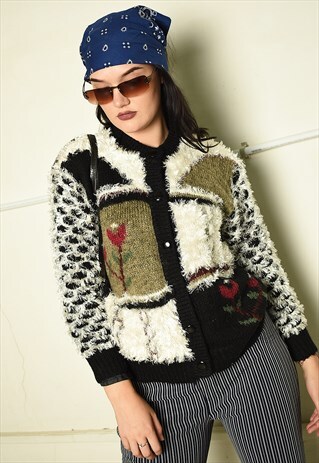 80'S RETRO FLUFFY FURRY FLORAL KNIT CARDIGAN