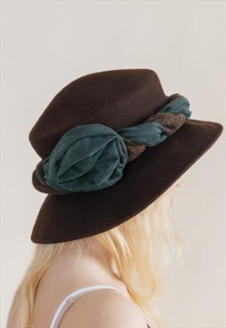 Vintage 90s Grunge Brown Flower Detail Wool Bucket Hat