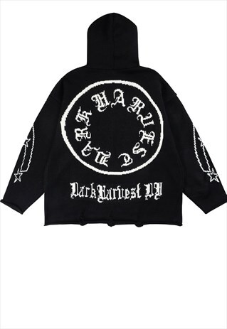 KNITTED HOODIE GOTHIC SLOGAN SWEATER PUNK JUMPER IN BLACK