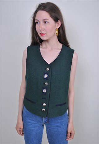 80S FLOWER EMBROIDERY WOOL VEST, VINTAGE GREEN FLORAL VEST