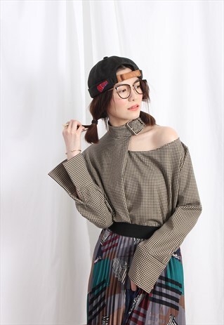 CUT OUT NECK MINI HOUNDSTOOTH FLANNEL TOP