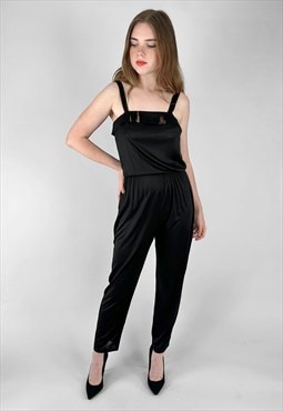 70's Vintage Slinky Black Ladies Slip Style Jumpsuit