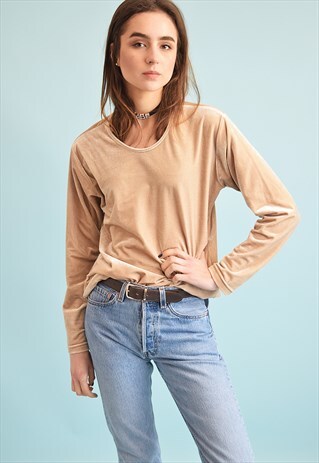 90'S RETRO NEUTRAL OVERSIZED VELVET BLOUSE TOP