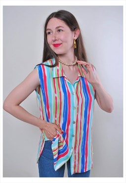 Vintage 90s button down blouse, sleeveless striped top