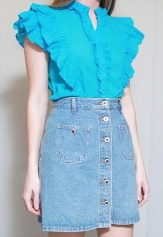 VINTAGE 1970'S VIBRANT BLUE RUFFLED VICTORIANA BLOUSE