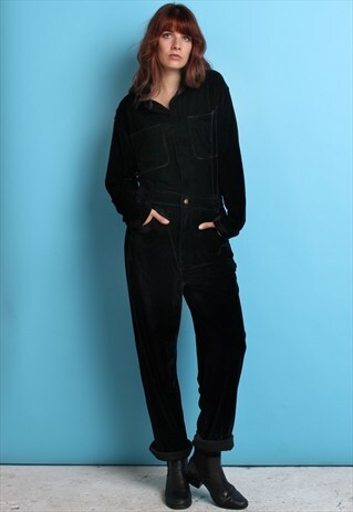 80S 90S VINTAGE BLACK VELVET ZIP JUMPSUIT