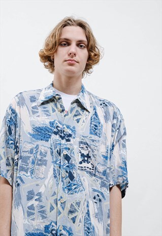 VINTAGE 80S FUNKY ABSTRACT BLUE SHORT SLEEVE BUTTON SHIRT