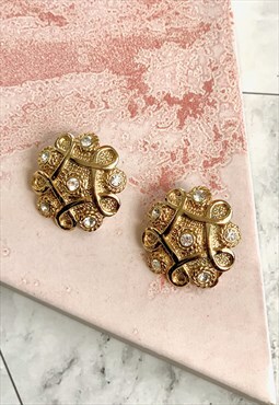 70s Gold & Rhinestone Earrings Vintage Jewellery 