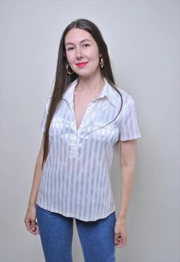 Vintage white striped blouse, short sleeve formal shirt 