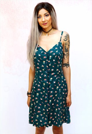 1990S VINTAGE GREEN FLORAL BUTTON UP FRONT MINI CAMI DRESS