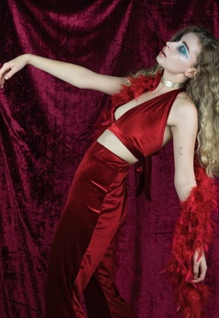 RED VELVET CROP TOP AND FLARE TWO PIECE SUIT