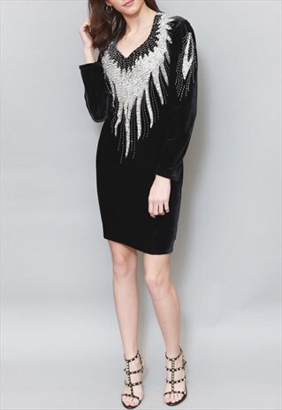 VINTAGE 1980'S BLACK EMBELLISHED VELVET MINI DRESS