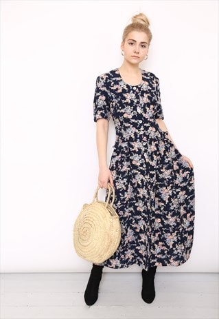 VINTAGE 90S DARK FLORAL PRINT MIDI DRESS