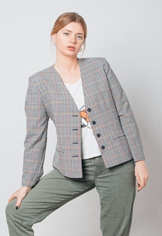 VINTAGE 90S V-NECK CROPPED BLAZER IN MULTI CHECK