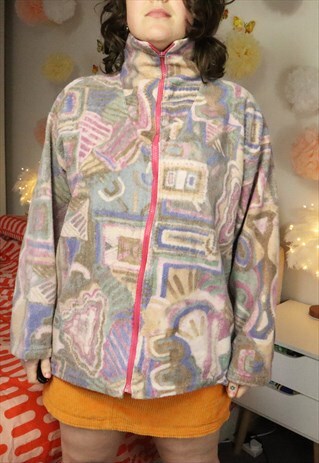 VINTAGE RETRO ABSTRACT PRINT FLUFFY TEDDY BEAR FLEECE JACKET