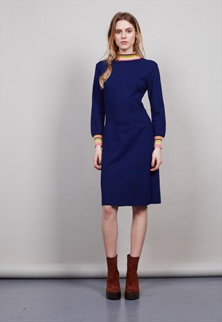 VINTAGE ELECTRIC BLUE 70'S HIGH NECK MIDI MOD DRESS