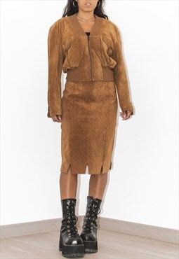 Vintage 80s Real Leather Set Pencil Skirt and Crop Jacket