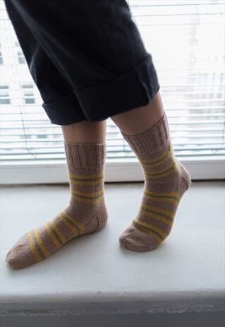BROWN STRIPED HANDMADE KNITTED WOOL SOCKS