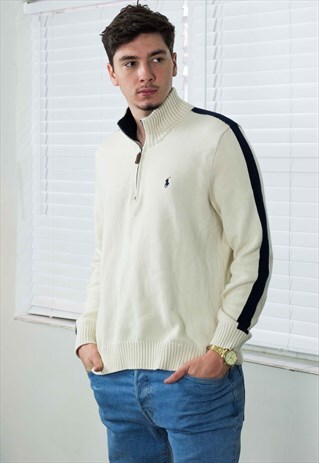 VINTAGE POLO RALPH LAUREN 1/4 ZIP JUMPER LOGO 90S L 20.5
